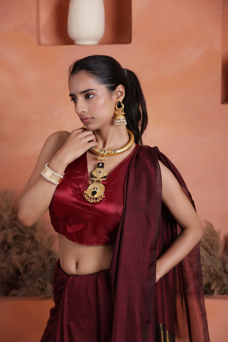 KHADI BRONZE GLOW SOFT MAROON KHADI SAREE WITH ANTIQUE BRONZE PALLU