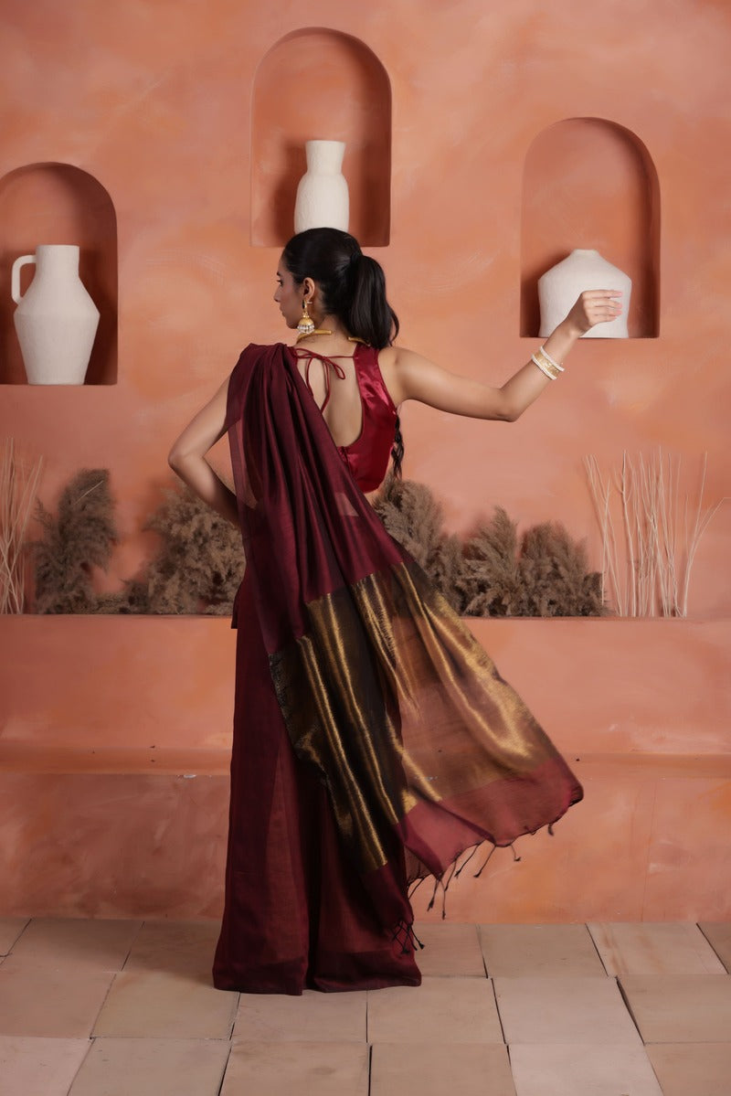 KHADI BRONZE GLOW SOFT MAROON KHADI SAREE WITH ANTIQUE BRONZE PALLU