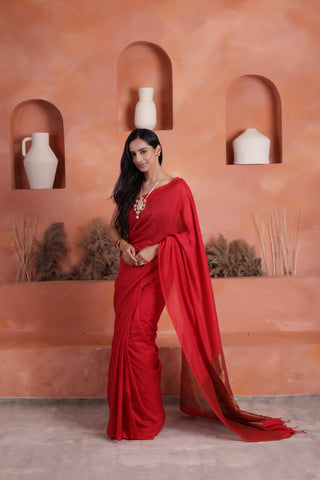 KHADI BRONZE GLOW RED KHADI COTTON SAREE WITH GLOWING COPPER PALLU