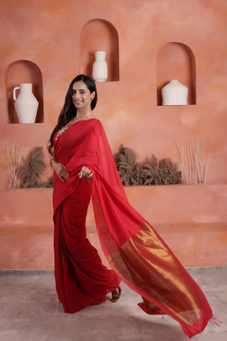 KHADI BRONZE GLOW RED KHADI COTTON SAREE WITH GLOWING COPPER PALLU