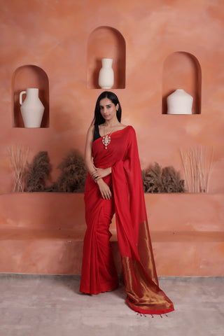 KHADI BRONZE GLOW RED KHADI COTTON SAREE WITH GLOWING COPPER PALLU