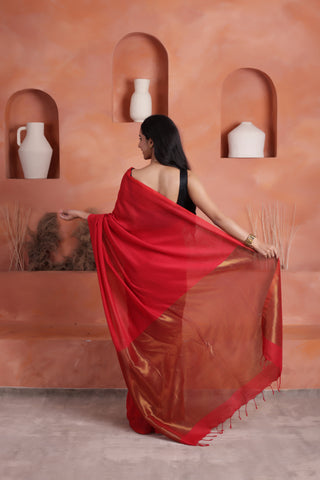 KHADI BRONZE GLOW RED KHADI COTTON SAREE WITH GLOWING COPPER PALLU