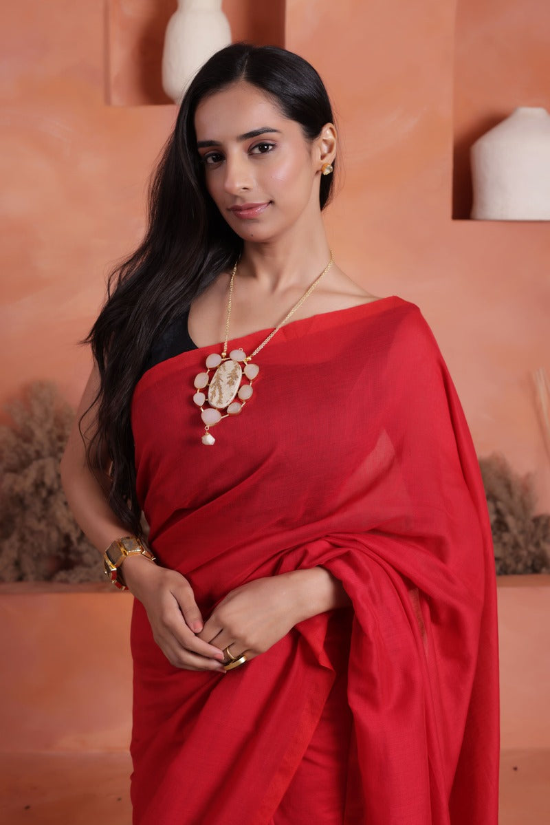 KHADI BRONZE GLOW RED KHADI COTTON SAREE WITH GLOWING COPPER PALLU