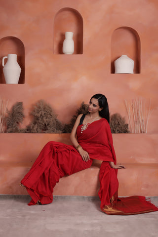 KHADI BRONZE GLOW RED KHADI COTTON SAREE WITH GLOWING COPPER PALLU