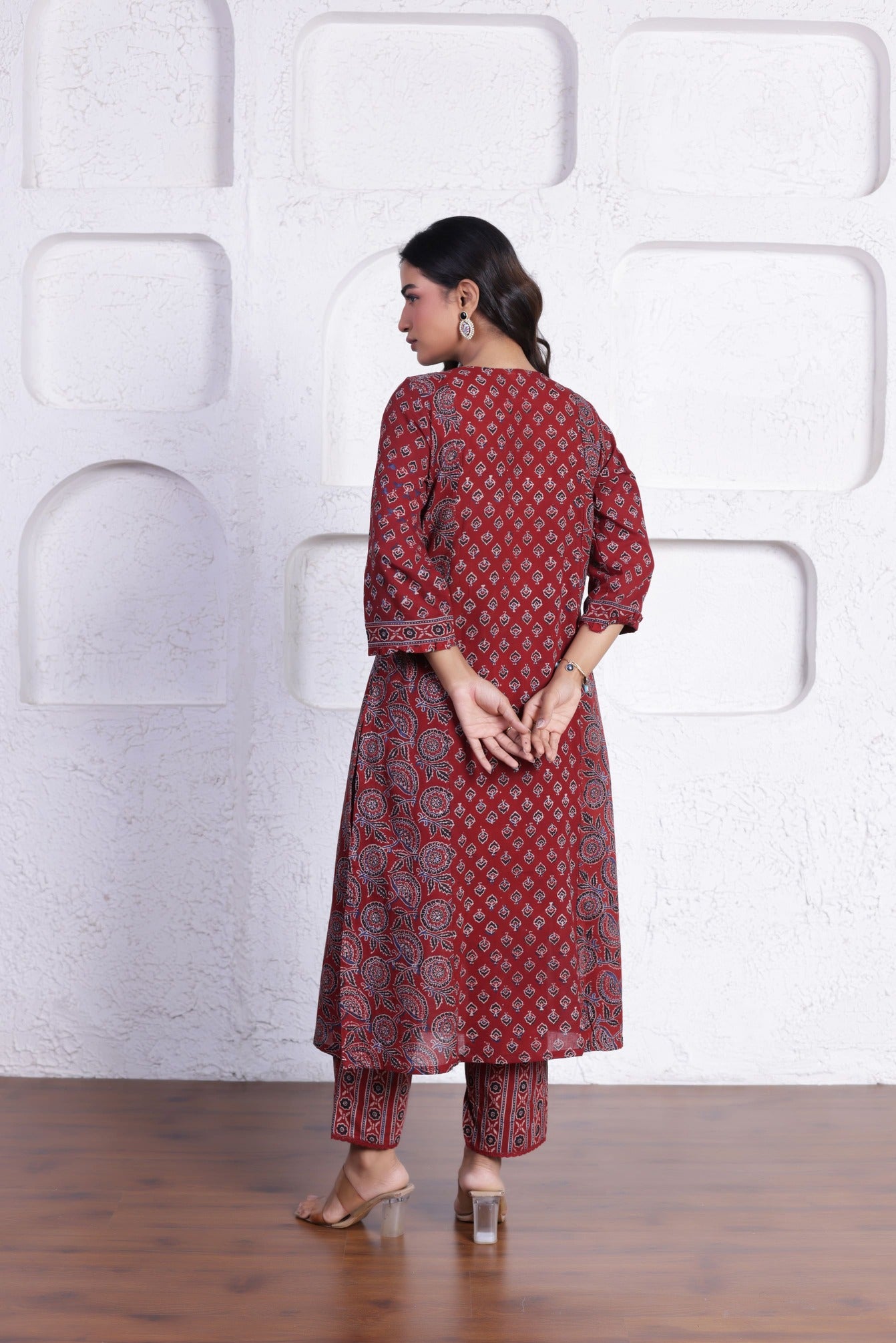 ELEGANT AJRAK CO-ORD SET WITH AUTHENTIC HAND BLOCK DETAILING IN MAROON COLOUR