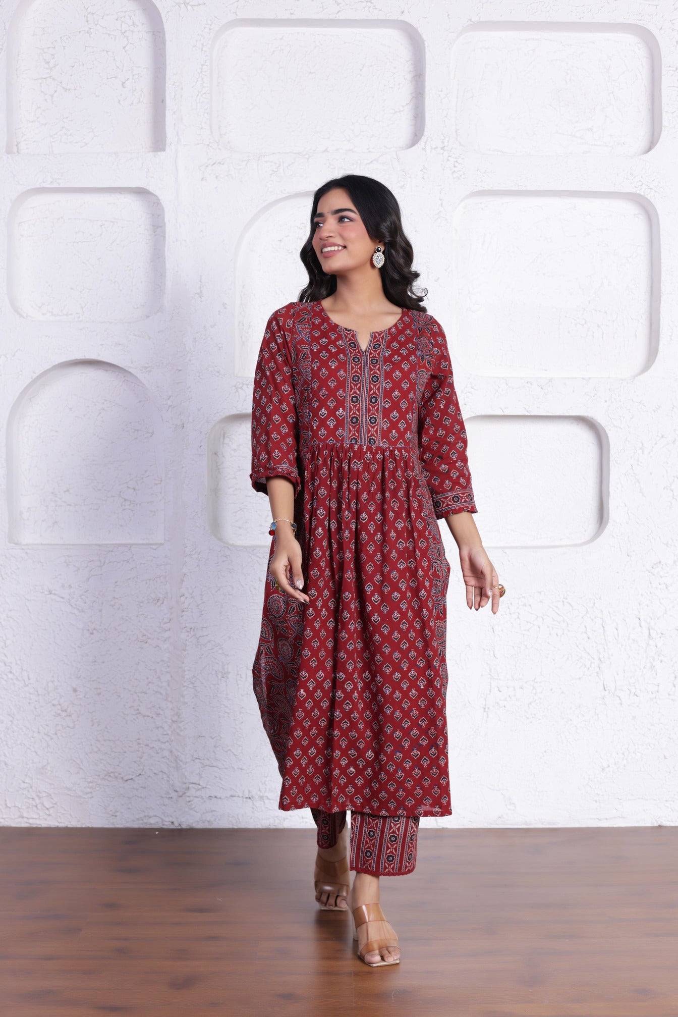 ELEGANT AJRAK CO-ORD SET WITH AUTHENTIC HAND BLOCK DETAILING IN MAROON COLOUR