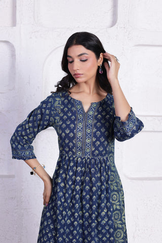 ELEGANT AJRAK CO-ORD SET WITH AUTHENTIC HAND BLOCK DETAILING IN BLUE WITH GREEN COLOUR