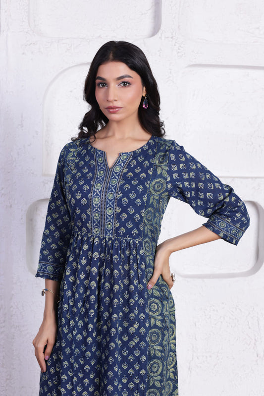 ELEGANT AJRAK CO-ORD SET WITH AUTHENTIC HAND BLOCK DETAILING IN BLUE WITH GREEN COLOUR