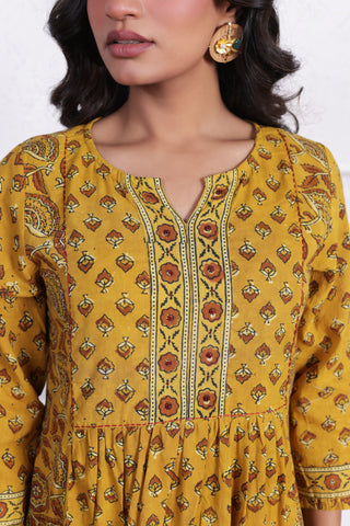 ELEGANT AJRAK CO-ORD SET WITH AUTHENTIC HAND BLOCK DETAILING IN YELLOW COLOUR