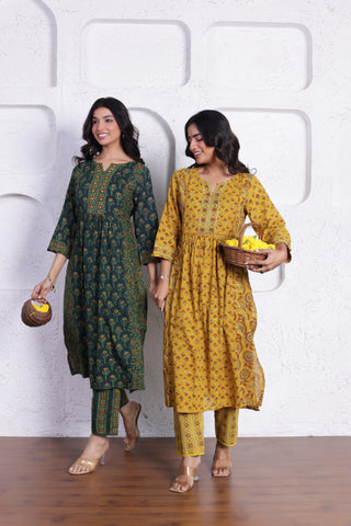 ELEGANT AJRAK CO-ORD SET WITH AUTHENTIC HAND BLOCK DETAILING IN YELLOW COLOUR