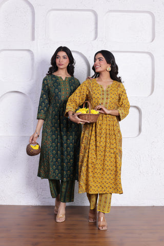 ELEGANT AJRAK CO-ORD SET WITH AUTHENTIC HAND BLOCK DETAILING IN YELLOW COLOUR