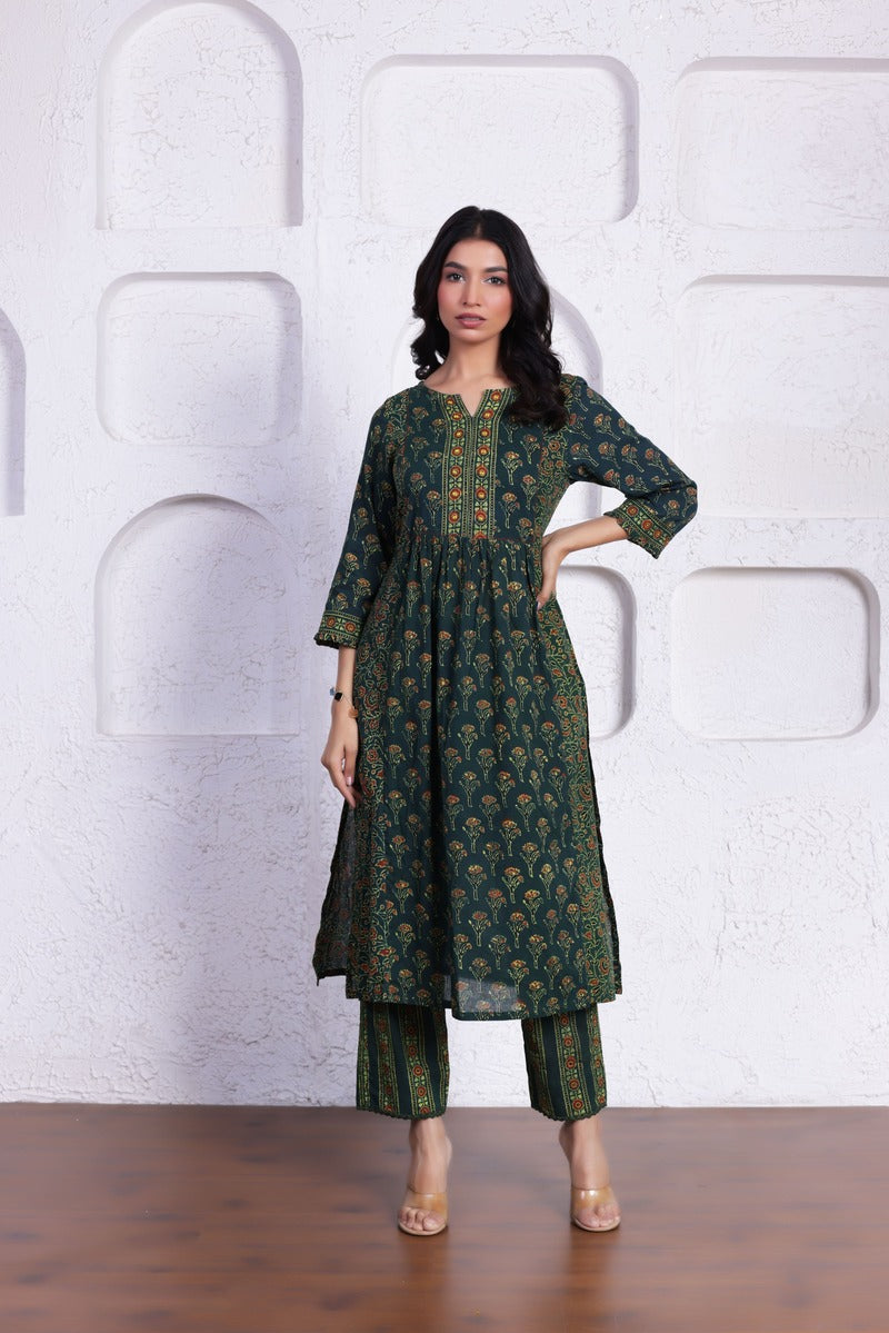 ELEGANT AJRAK CO-ORD SET WITH AUTHENTIC HAND BLOCK DETAILING IN GREEN COLOUR