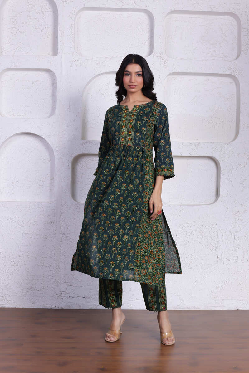 ELEGANT AJRAK CO-ORD SET WITH AUTHENTIC HAND BLOCK DETAILING IN GREEN COLOUR