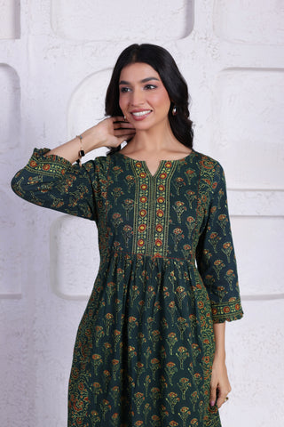 ELEGANT AJRAK CO-ORD SET WITH AUTHENTIC HAND BLOCK DETAILING IN GREEN COLOUR