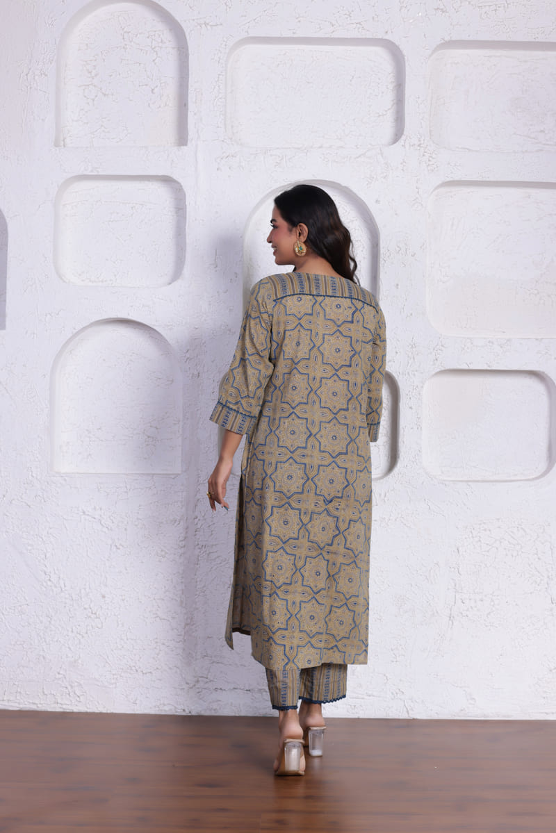 ELEGANT CO-ORD SET WITH AUTHENTIC HAND BLOCK DETAILING IN SANDAL COLOUR
