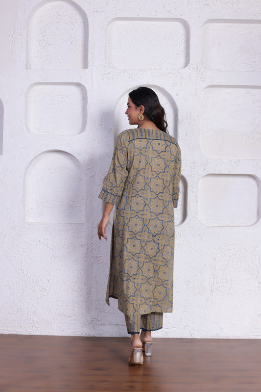 ELEGANT CO-ORD SET WITH AUTHENTIC HAND BLOCK DETAILING IN SANDAL COLOUR