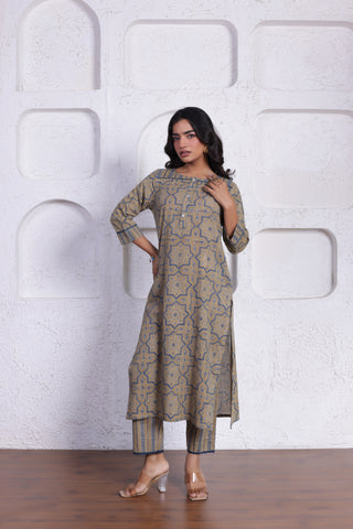 ELEGANT CO-ORD SET WITH AUTHENTIC HAND BLOCK DETAILING IN SANDAL COLOUR