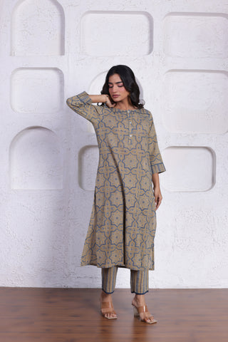 ELEGANT CO-ORD SET WITH AUTHENTIC HAND BLOCK DETAILING IN SANDAL COLOUR