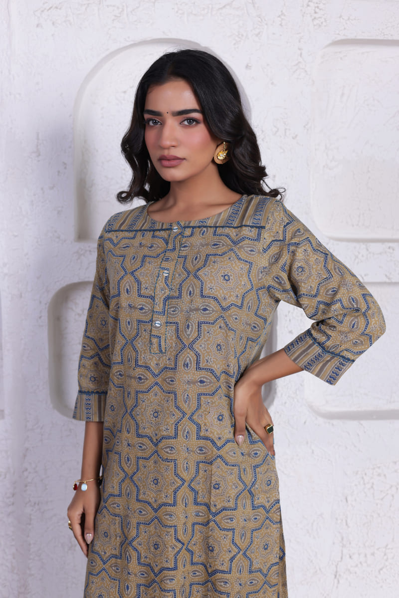 ELEGANT CO-ORD SET WITH AUTHENTIC HAND BLOCK DETAILING IN SANDAL COLOUR