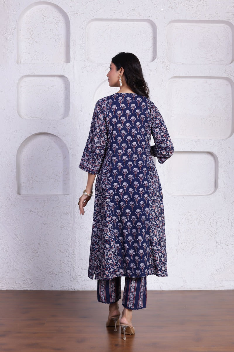 ELEGANT AJRAK CO-ORD SET WITH AUTHENTIC HAND BLOCK DETAILING IN BLUE WITH RED COLOUR
