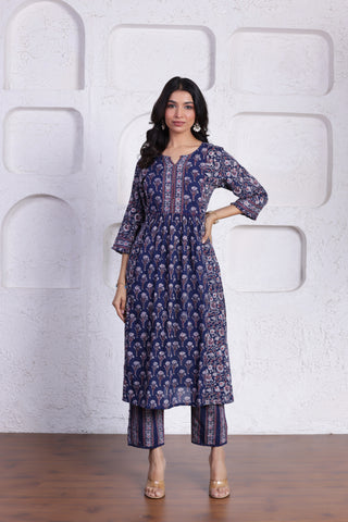 ELEGANT AJRAK CO-ORD SET WITH AUTHENTIC HAND BLOCK DETAILING IN BLUE WITH RED COLOUR