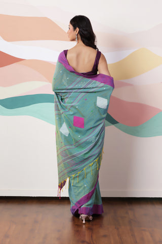 ARTISAN WOVEN LIGHT GREEN THREAD KHADI SAREE WITH COLOURFUL THREADED BUTTAS AND CONTRAST BORDER
