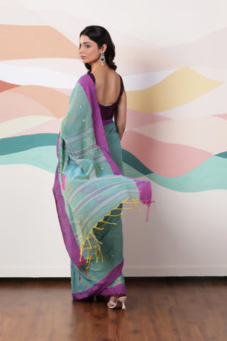 ARTISAN WOVEN LIGHT GREEN THREAD KHADI SAREE WITH COLOURFUL THREADED BUTTAS AND CONTRAST BORDER