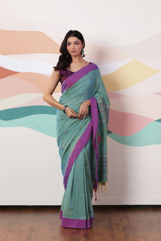 ARTISAN WOVEN LIGHT GREEN THREAD KHADI SAREE WITH COLOURFUL THREADED BUTTAS AND CONTRAST BORDER