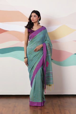 ARTISAN WOVEN LIGHT GREEN THREAD KHADI SAREE WITH COLOURFUL THREADED BUTTAS AND CONTRAST BORDER