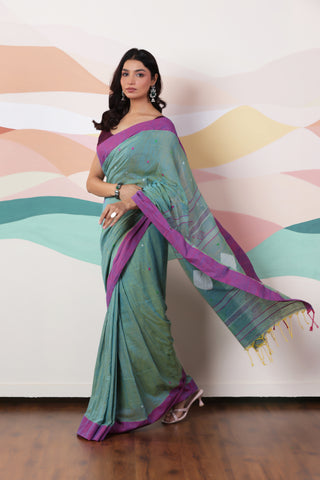 ARTISAN WOVEN LIGHT GREEN THREAD KHADI SAREE WITH COLOURFUL THREADED BUTTAS AND CONTRAST BORDER