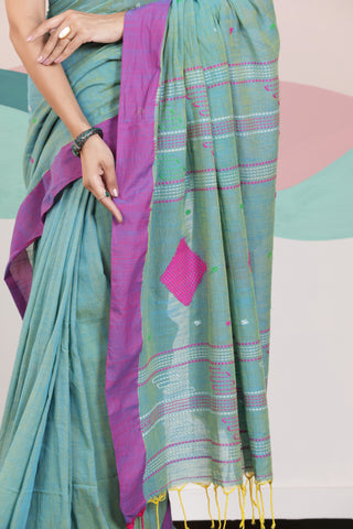ARTISAN WOVEN LIGHT GREEN THREAD KHADI SAREE WITH COLOURFUL THREADED BUTTAS AND CONTRAST BORDER