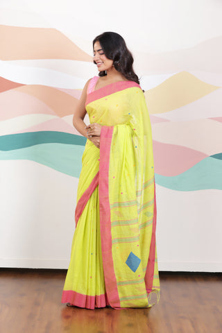 ARTISAN WOVEN LIME GREEN THREAD KHADI SAREE WITH COLOURFUL THREADED BUTTAS AND CONTRAST BORDER