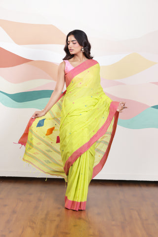 ARTISAN WOVEN LIME GREEN THREAD KHADI SAREE WITH COLOURFUL THREADED BUTTAS AND CONTRAST BORDER