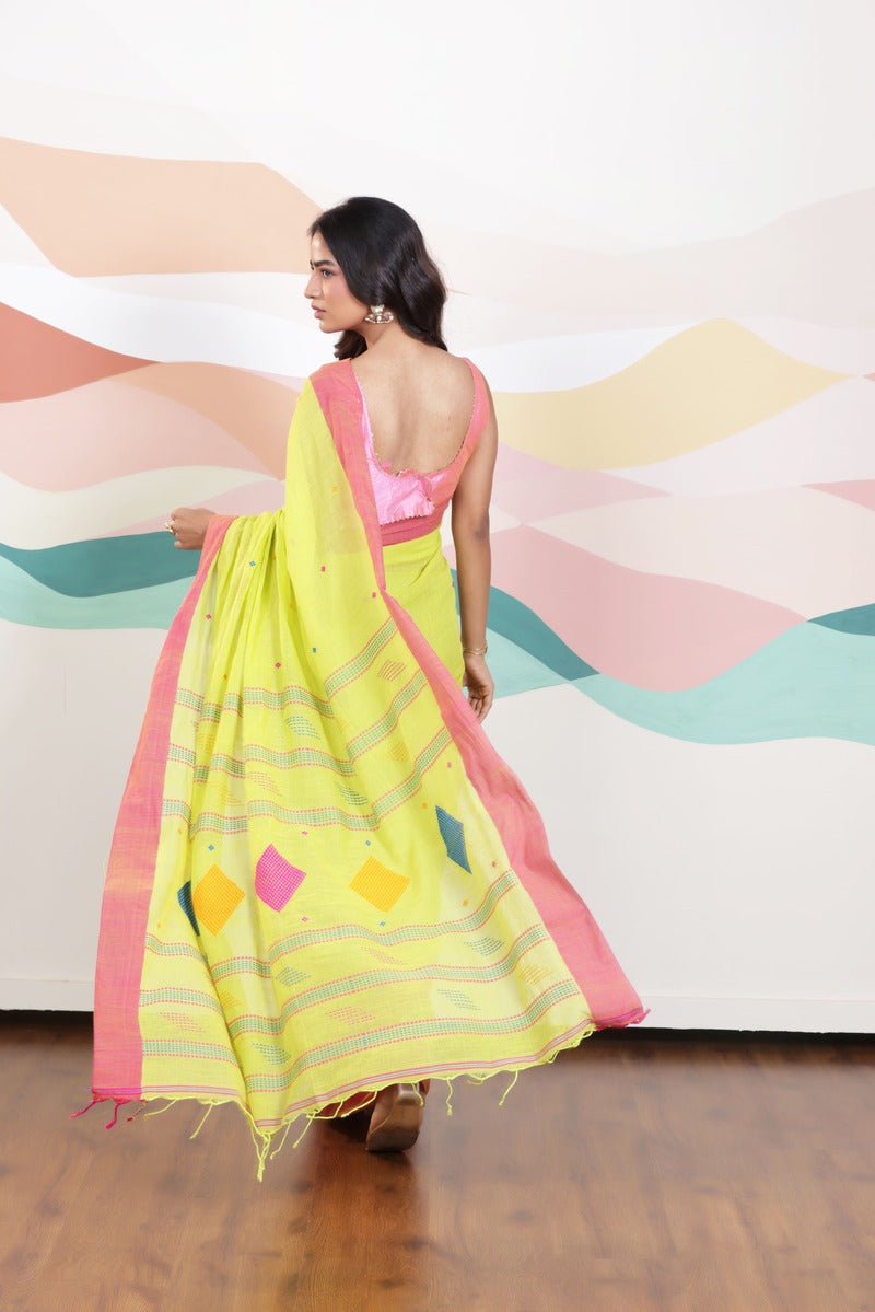 ARTISAN WOVEN LIME GREEN THREAD KHADI SAREE WITH COLOURFUL THREADED BUTTAS AND CONTRAST BORDER