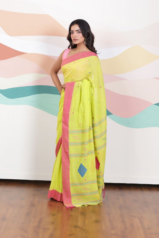 ARTISAN WOVEN LIME GREEN THREAD KHADI SAREE WITH COLOURFUL THREADED BUTTAS AND CONTRAST BORDER