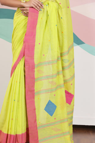 ARTISAN WOVEN LIME GREEN THREAD KHADI SAREE WITH COLOURFUL THREADED BUTTAS AND CONTRAST BORDER