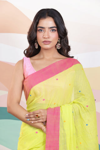 ARTISAN WOVEN LIME GREEN THREAD KHADI SAREE WITH COLOURFUL THREADED BUTTAS AND CONTRAST BORDER