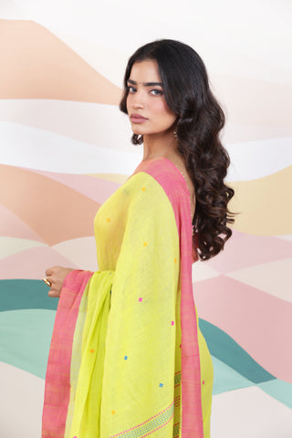 ARTISAN WOVEN LIME GREEN THREAD KHADI SAREE WITH COLOURFUL THREADED BUTTAS AND CONTRAST BORDER