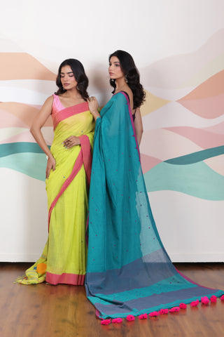 ARTISAN WOVEN THREAD KHADI SAREE IN ELEGANT DEEP GREEN WITH DELICATE BUTTA WEAVES AND CONTRAST TASSELS