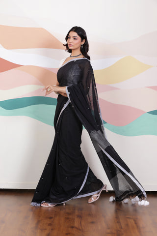 ARTISAN WOVEN THREAD KHADI SAREE IN ELEGANT BLACK WITH DELICATE BUTTA WEAVES AND CONTRAST TASSELS