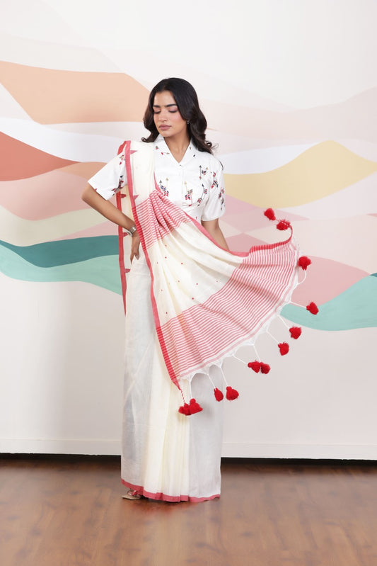 ARTISAN WOVEN THREAD KHADI SAREE IN CLASSIC WHITE WITH DELICATE BUTTA WEAVES AND CONTRAST TASSELS