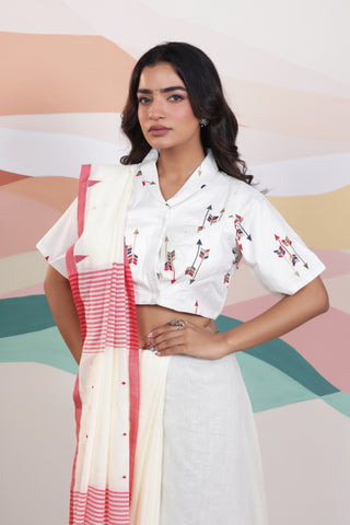 ARTISAN WOVEN THREAD KHADI SAREE IN CLASSIC WHITE WITH DELICATE BUTTA WEAVES AND CONTRAST TASSELS