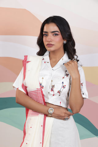 ARTISAN WOVEN THREAD KHADI SAREE IN CLASSIC WHITE WITH DELICATE BUTTA WEAVES AND CONTRAST TASSELS