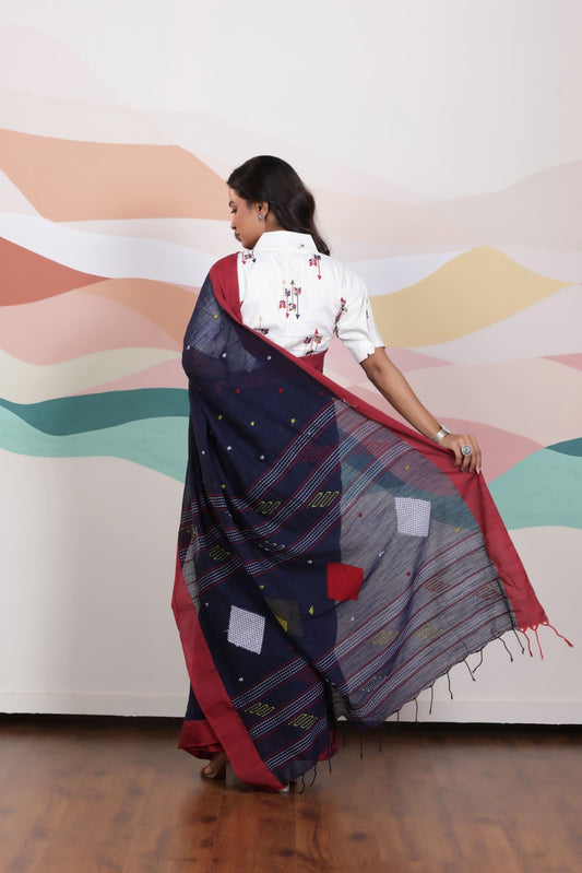 ARTISAN WOVEN NAVY BLUE THREAD KHADI SAREE WITH COLOURFUL THREADED BUTTAS AND CONTRAST BORDER
