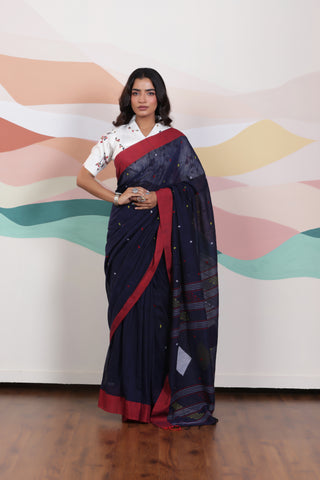 ARTISAN WOVEN NAVY BLUE THREAD KHADI SAREE WITH COLOURFUL THREADED BUTTAS AND CONTRAST BORDER