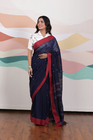 ARTISAN WOVEN NAVY BLUE THREAD KHADI SAREE WITH COLOURFUL THREADED BUTTAS AND CONTRAST BORDER