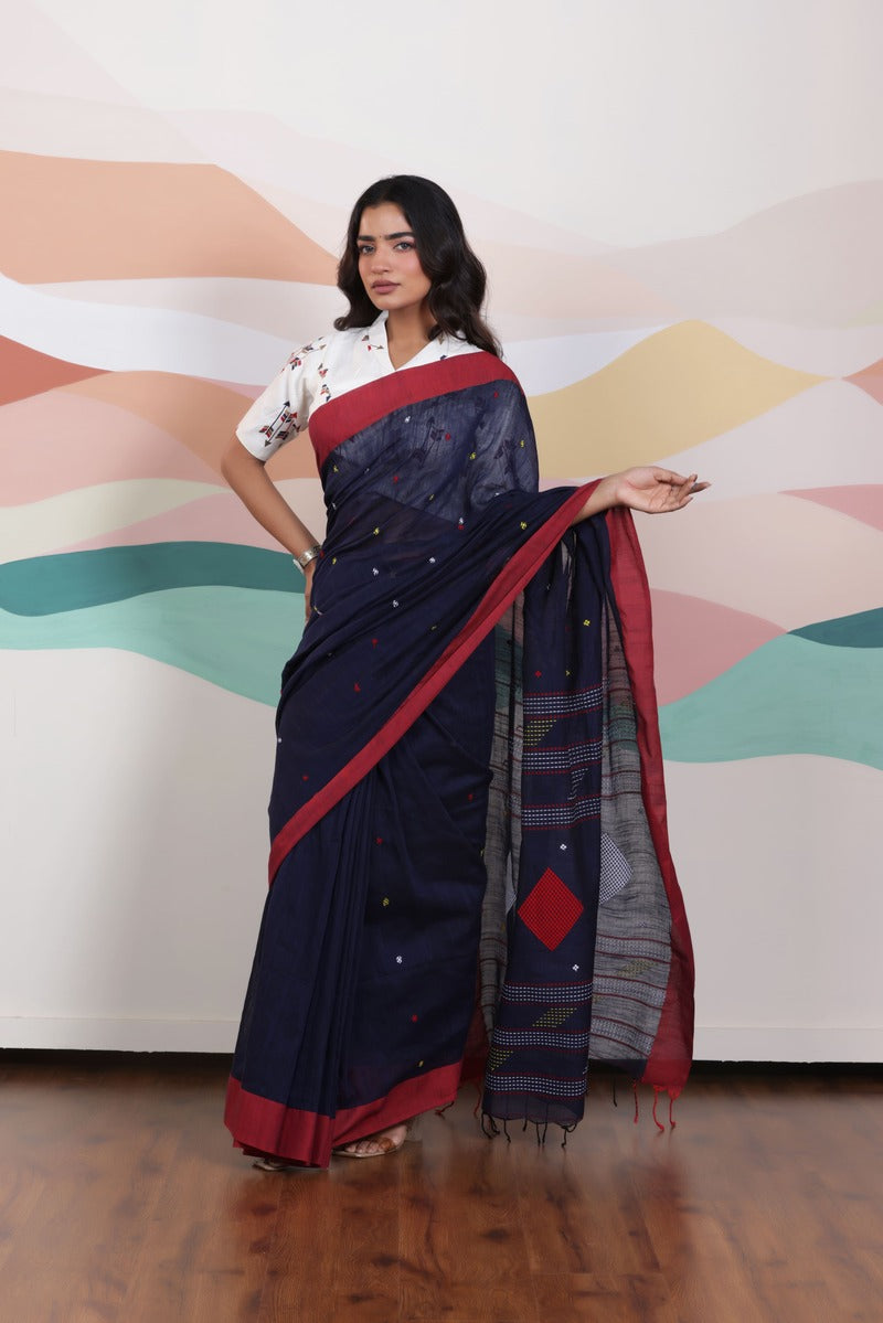ARTISAN WOVEN NAVY BLUE THREAD KHADI SAREE WITH COLOURFUL THREADED BUTTAS AND CONTRAST BORDER