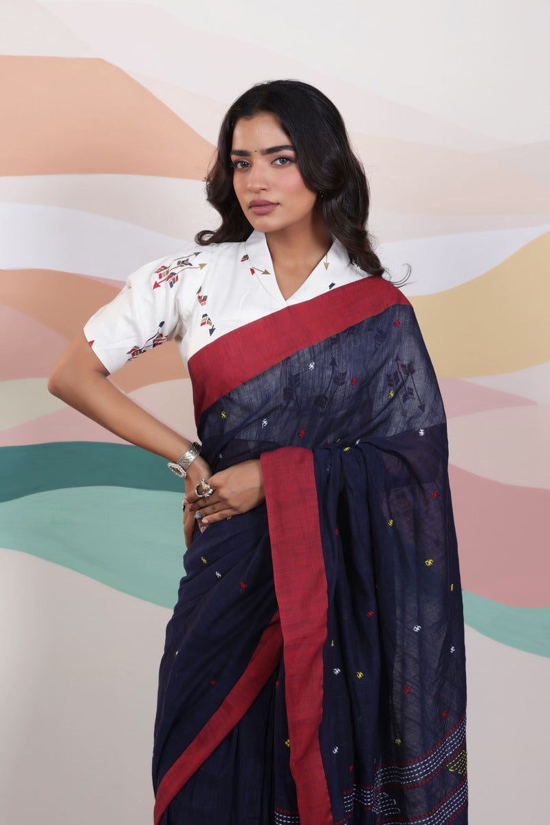 ARTISAN WOVEN NAVY BLUE THREAD KHADI SAREE WITH COLOURFUL THREADED BUTTAS AND CONTRAST BORDER