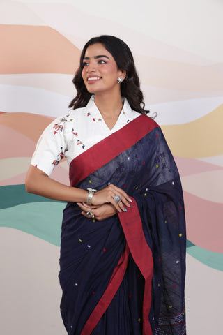 ARTISAN WOVEN NAVY BLUE THREAD KHADI SAREE WITH COLOURFUL THREADED BUTTAS AND CONTRAST BORDER