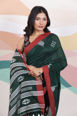 ARTISAN THREAD KHADI SAREE IN GREEN WITH WHITE WEAVES AND CONTRAST RED BORDER